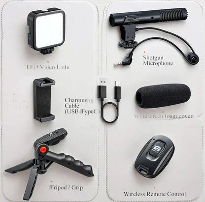 "All-in-One Mobile Vlogging Kit: Tripod, Microphone, LED Light"